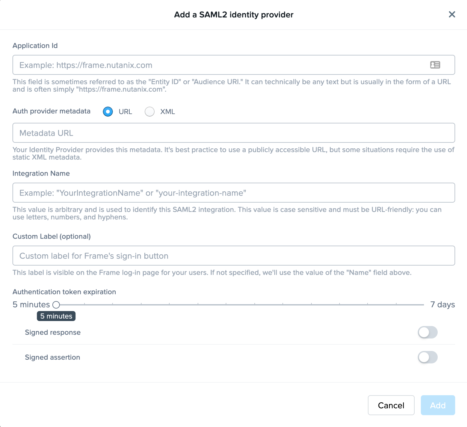 SAML2 Provider Dialog