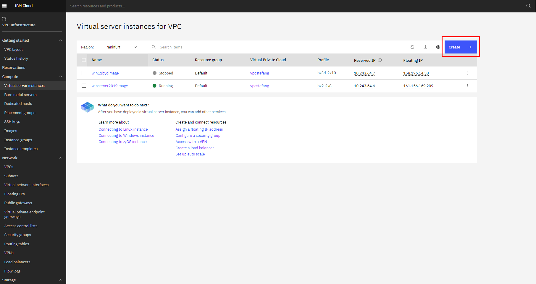 IBM Cloud - Virtual Server Instance List