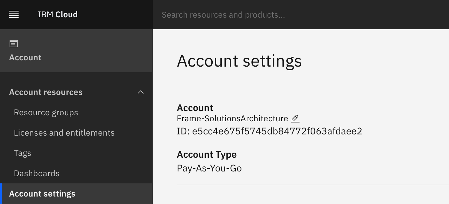 IBM Cloud Console - Account Settings