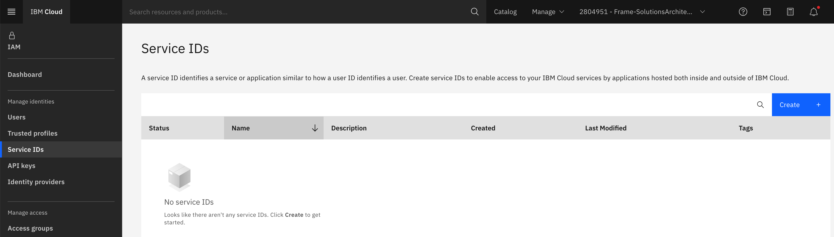 IBM Cloud Console - Service IDs