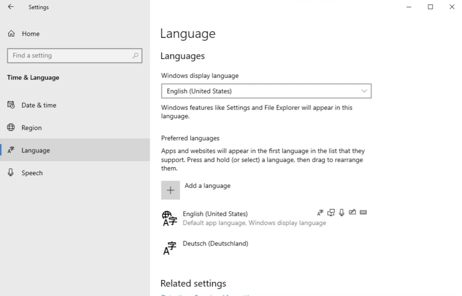 Windows Server 2016 Control Panel - Language