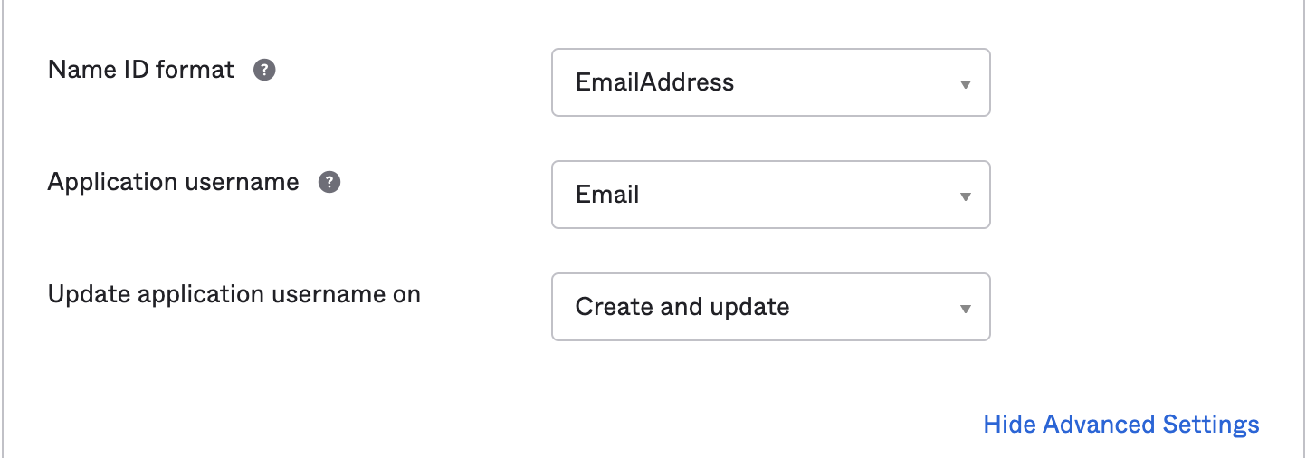 SAML Settings - Name ID format, Application username