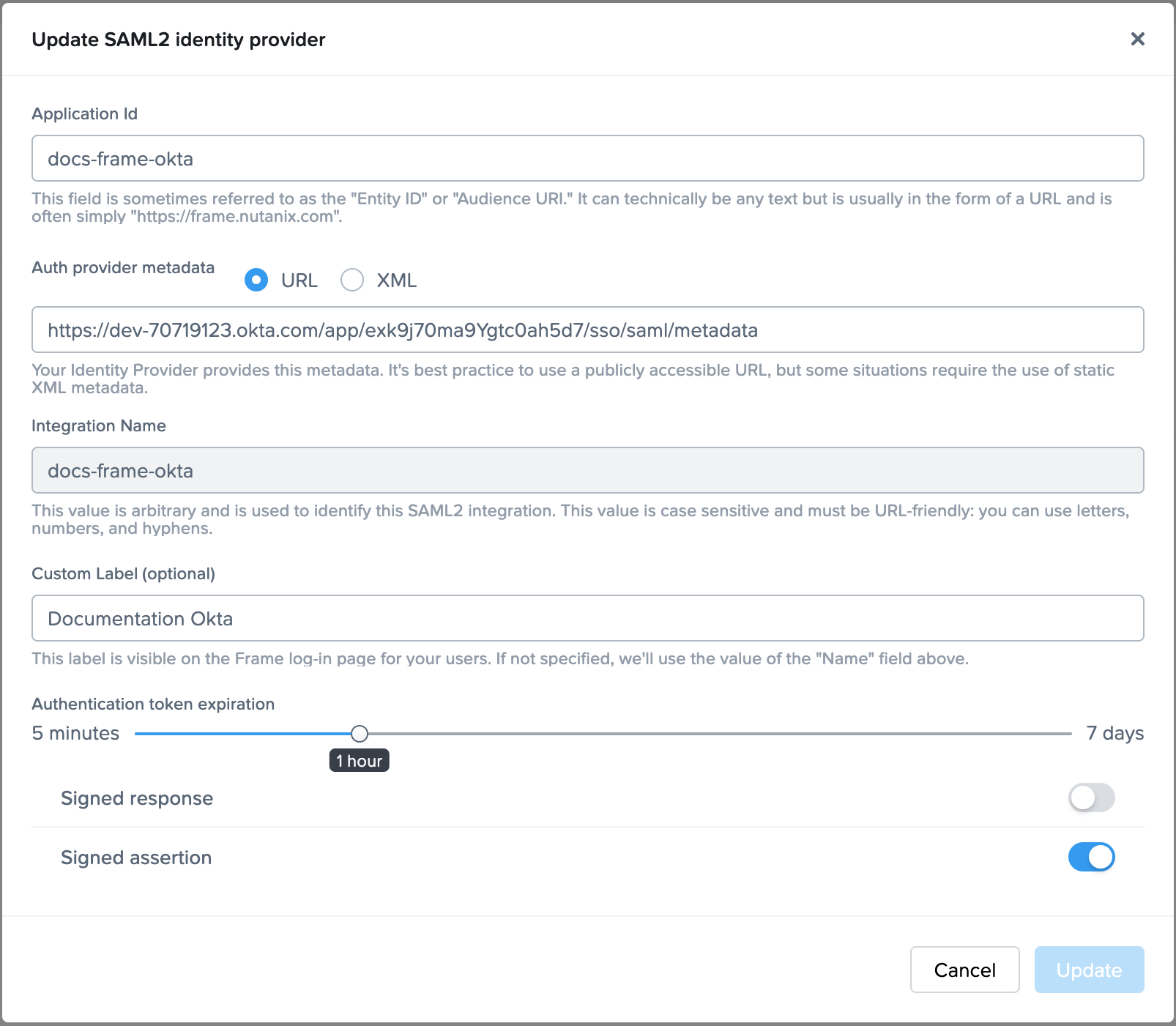 Frame SAML2 Identity Provider Form