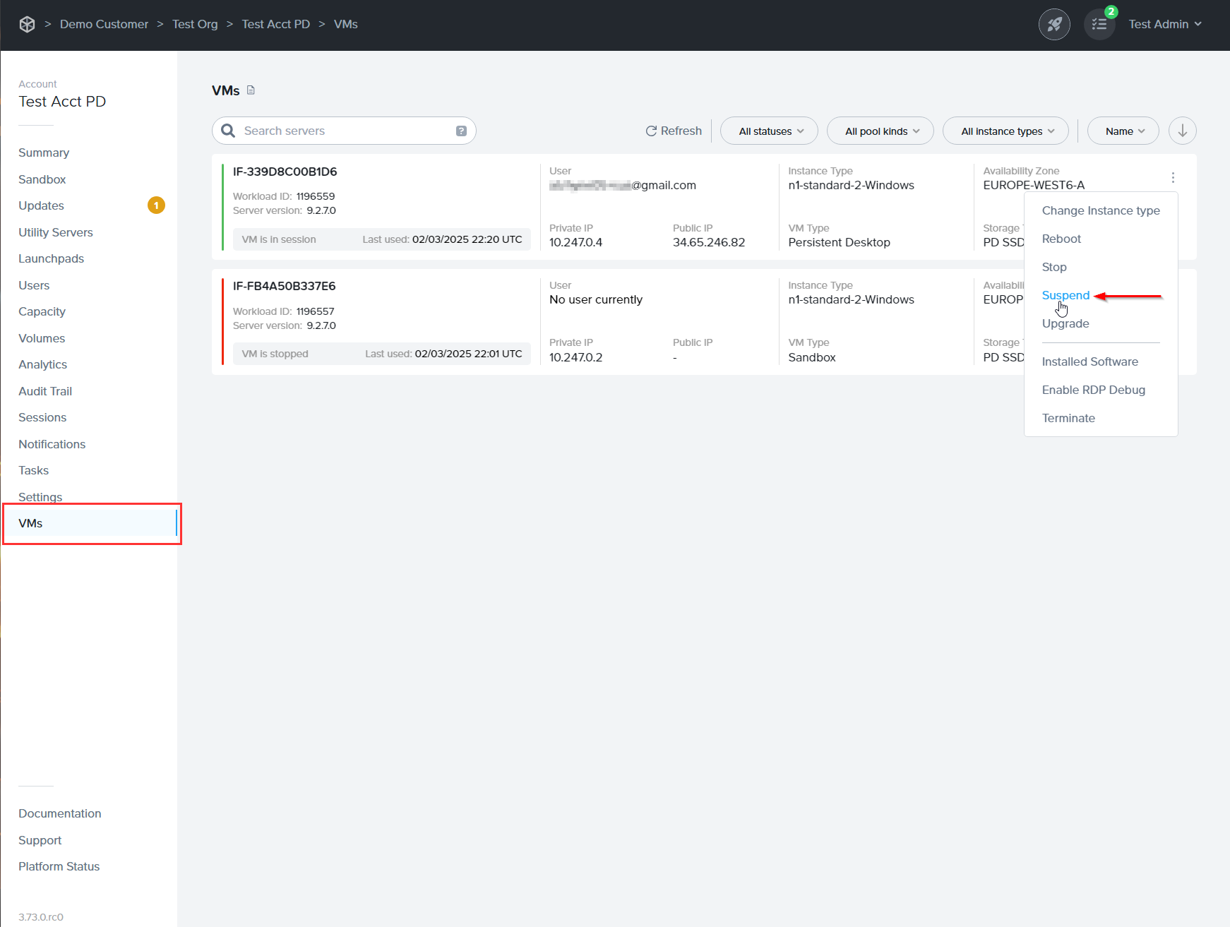 VMs - Manual Suspend of Session