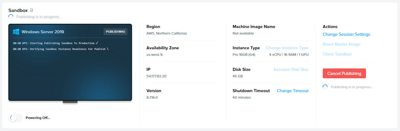 Sandbox in PUBLISHING status