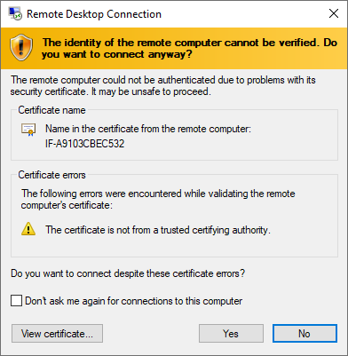 Enable RDP Debug - Confirm VM Public Key Certificate
