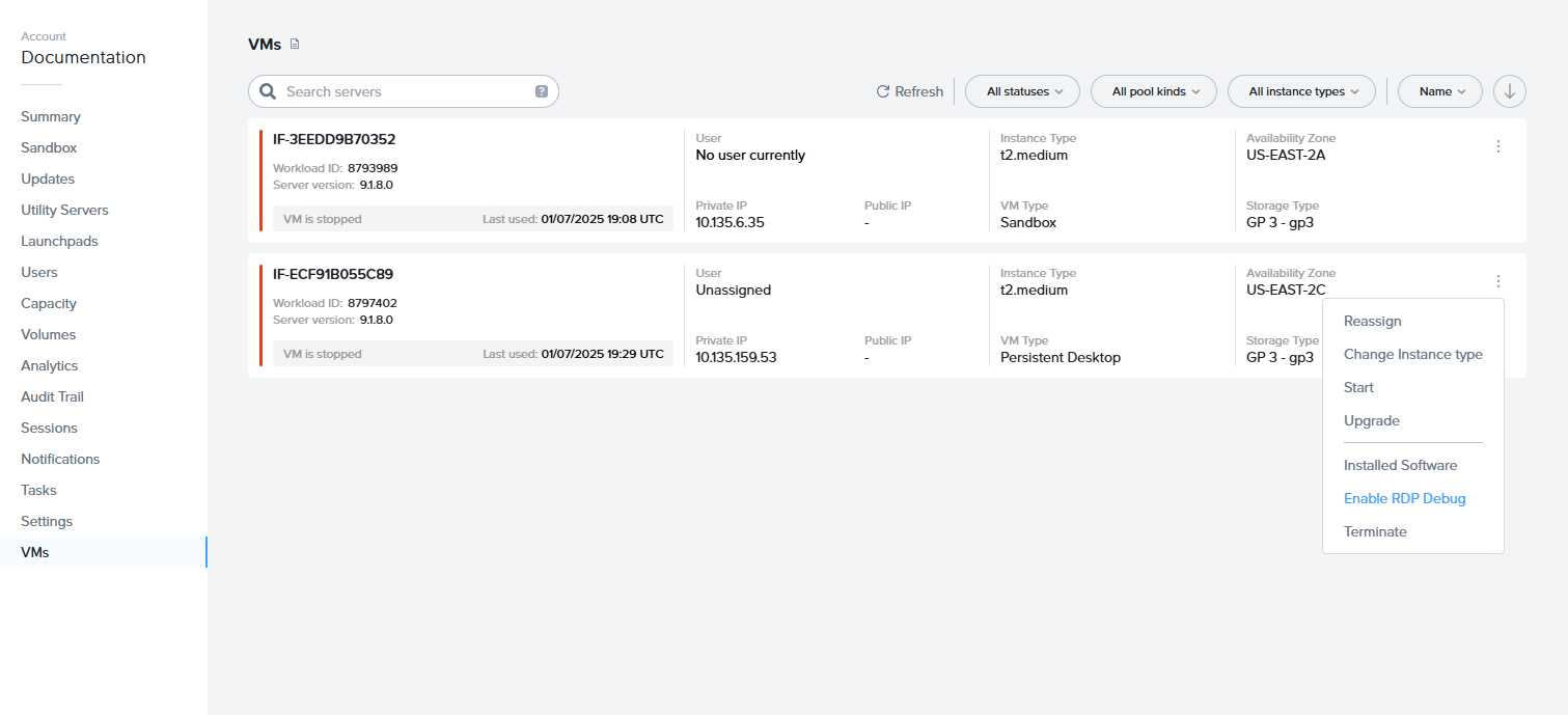 Dashboard &gt; Status, Enable RDP Debug