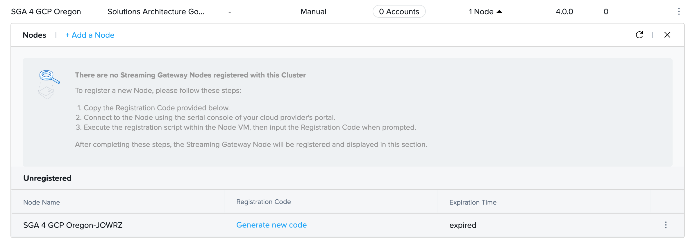 Manually Deployed SGA Cluster and Node