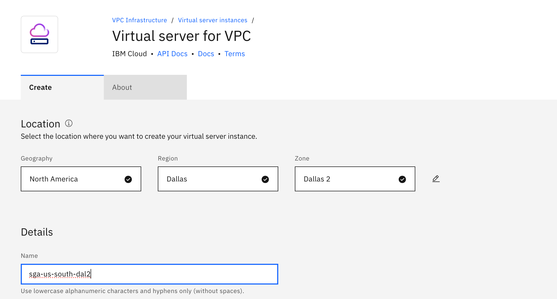 IBM Cloud - Create SGA VM - Region, Zone, and Virtual Server Name